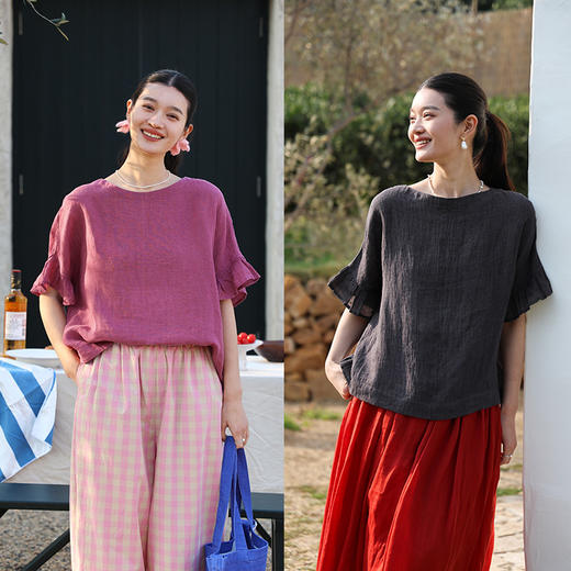 绽放旅行女装222朵/荷叶小衫高支皱纹色织亚麻一字领荷叶袖T恤衫 商品图0