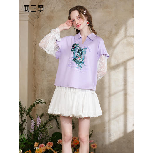 两三事琉璃紫苏2025夏新款小清新蕾丝拼接荷叶边假两件印花t恤女 商品图0