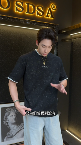 T3265夏季高级感新款韩版撞色缝线满天星印花字母短袖T恤圆领宽松上衣