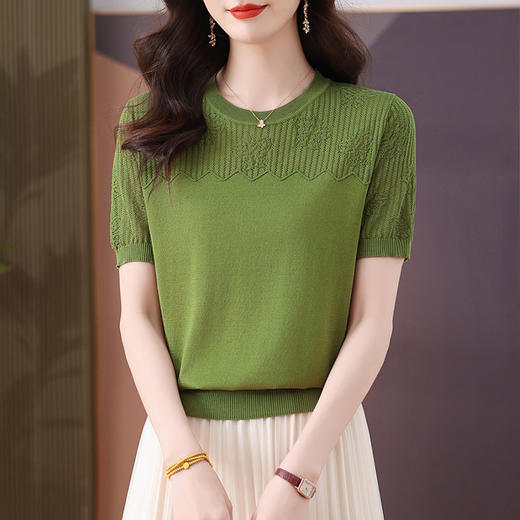 CC-103-7971宽松短袖t恤女薄款镂空上衣2025新款年轻夏装圆领冰丝针织衫 商品图1