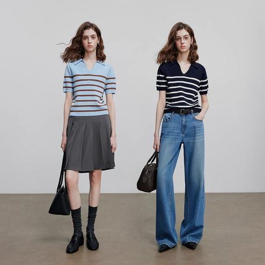 初语2025夏季新款撞色领条纹针织衫薄款爱心刺绣翻领短袖针织开衫 商品图4