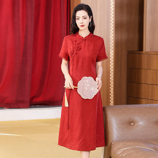 KQ-221922新中式真丝冠乐绉香云纱连衣裙女夏婚宴礼服收腰显瘦改良旗袍 商品图3