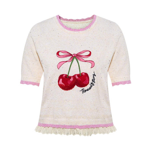 两三事 樱桃琼浆 2025夏季新款甜美蕾丝下摆拼接樱桃短袖针织衫女 商品图4