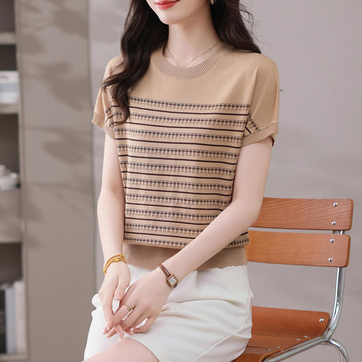 CC-103-98997夏季新款洋气条纹冰丝短袖t恤女士宽松显瘦遮肚子肉针织上衣T 商品图1