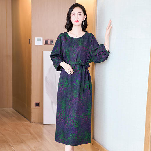 KQ-221951新款大码女装娟纺香云纱真丝印花连衣裙宽松大版系带桑蚕丝中长裙 商品图1