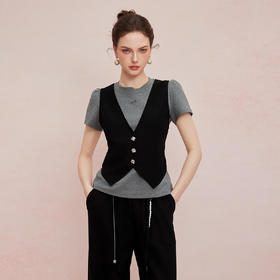 QF715斯尔丽25新款精梳棉T假两件马甲上衣配宽松舒适阔腿裤茶歇套装