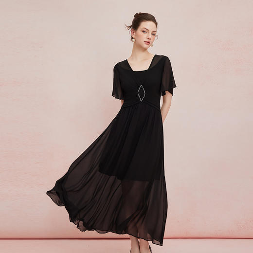 QF890斯尔丽25新款法式优雅立体手工压褶收腰太阳摆雪纺飘逸浪漫连衣裙 商品图5