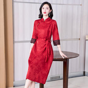 KQ-221957夏款中国风重缎香云纱立领中长款复古旗袍女装改良真丝连衣裙