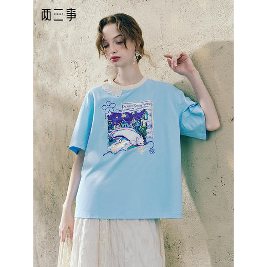 两三事星夜晴空2025夏季新款小清新蕾丝拼接印花贴布绣短袖t恤女 商品图0
