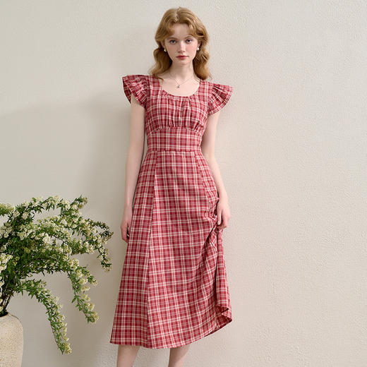 法式优雅气质复古格纹飞飞袖连衣裙女2025夏季收腰连衣裙V1050641 商品图4
