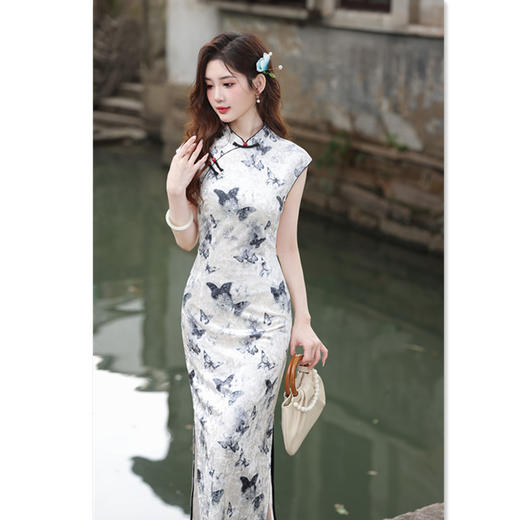 GX素雅时尚金钻绒长款无袖旗袍2025春夏新款年轻少女日常可穿旗袍裙 商品图0