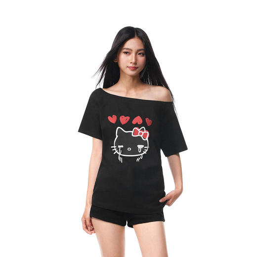 FDR官方店 卡通kitty印花斜肩短袖T恤女夏季潮牌辣妹性感露肩上衣 商品图3