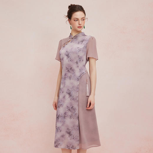 QF895斯尔丽2025新款新国风改良旗袍水墨国画清雅气质拼纱散摆连衣裙 商品图7