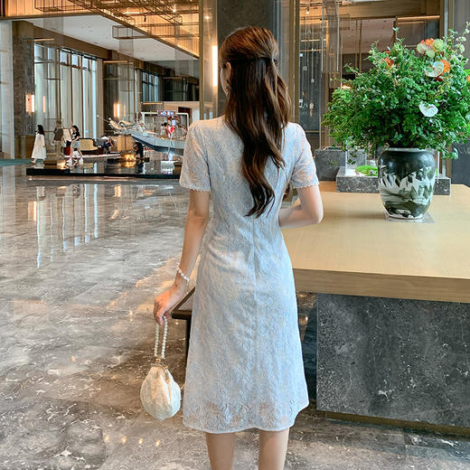 奢姿大码女装2025夏季胖妹妹时尚气质优雅复古短袖蕾丝立领连衣裙9952853316 商品图3