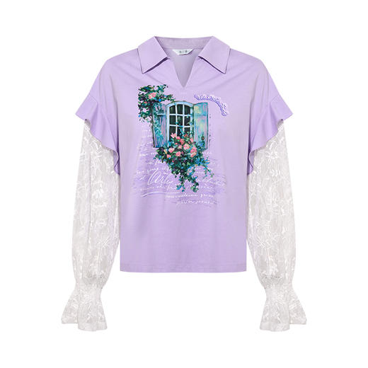 两三事琉璃紫苏2025夏新款小清新蕾丝拼接荷叶边假两件印花t恤女 商品图4