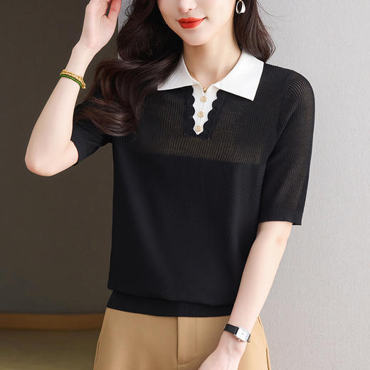 CC-翻领撞色上衣夏季气质轻奢漂亮小衫2025新款女士冰丝短袖t恤洋气 商品图0