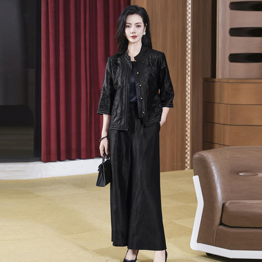 KQ-221903+221910香云纱老料重磅桑蚕丝松紧腰宽松显瘦气质女士阔腿裤时尚两件套装 商品图2