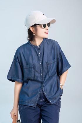 小圆领短袖牛仔衬衫
