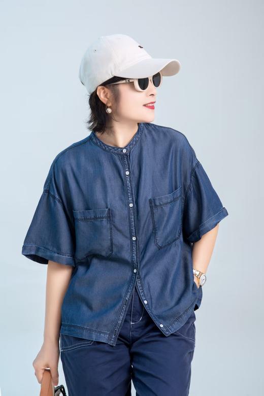 小圆领短袖牛仔衬衫 商品图0