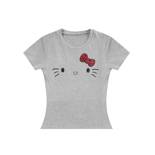 FDR官方店 kitty猫亮片绣花正肩修身短袖T恤女夏季辣妹显瘦上衣 商品图4