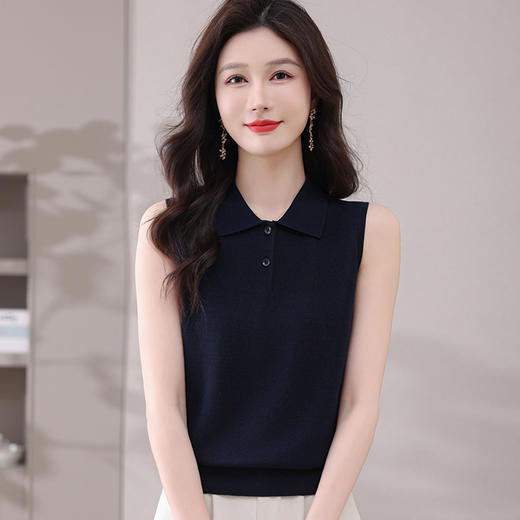 CC-101-31801纯色修身无袖针织背心女2025新款夏季薄款减龄翻领冰丝上衣T恤女 商品图1