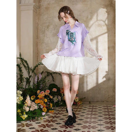 两三事琉璃紫苏2025夏新款小清新蕾丝拼接荷叶边假两件印花t恤女 商品图1