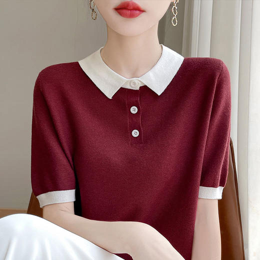 CC-XIX-194冰丝针织短袖t恤女2025新款时尚简约小翻领新款女装夏季上衣 商品图2