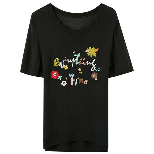 三彩2025夏季新款刺绣针织衫圆领短袖毛衫薄款撞色套头衫简约M 商品图4