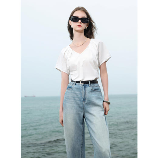 三彩2025夏季新款V领短袖T恤小白T上衣套头衫宽松休闲简约M 商品图3