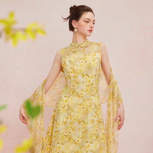 QF888斯尔丽2025新款法式浪漫轻奢印花改良旗袍薄纱多样穿搭披肩连衣裙 商品图5
