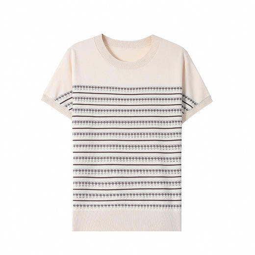 CC-103-98997夏季新款洋气条纹冰丝短袖t恤女士宽松显瘦遮肚子肉针织上衣T 商品图4