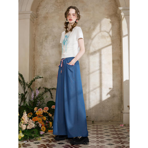 两三事 露天星夜 2025夏季新款复古撞色抽绳绑带阔腿休闲裤女 商品图3