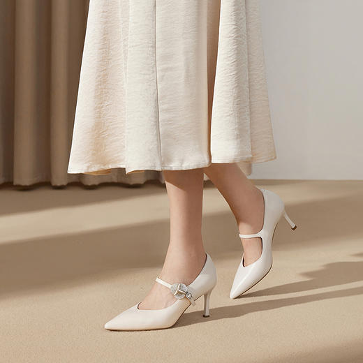 千百度羊皮裸色超高跟鞋气质百搭新款细跟玛丽珍通勤尖头浅口单鞋A25196662 商品图2