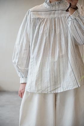 MAKU textiles｜真丝褶边领口不规则条纹长袖衬衫