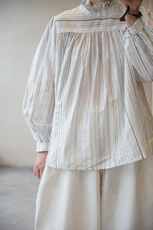 MAKU textiles｜真丝褶边领口不规则条纹长袖衬衫 商品图0