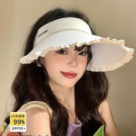 [夏上新！韩版甜美系！】UPF50+冰丝少女花边防晒帽   冰丝空顶防晒帽女夏大帽檐防紫外线遮阳帽可折叠户外骑行太阳帽子