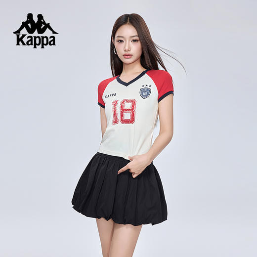 Kappa卡帕背靠背2025新款夏季运动t恤美式女士修身短袖V领上衣女KPDJBTD11 商品图0