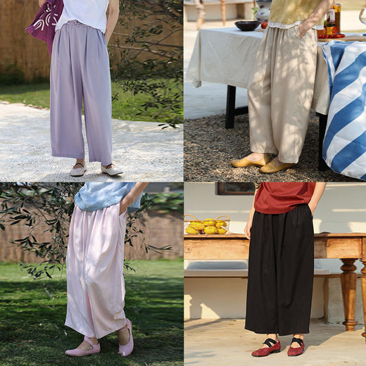 绽放旅行女装226朵/凉凉裤天丝麻松紧腰长裤系带透气舒适休闲裤女 商品图0