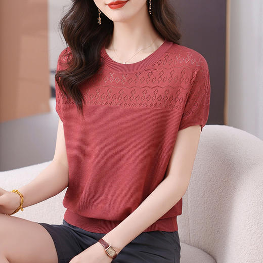 CC-103-7975时尚圆领薄款短袖t恤女2025新款夏季镂空显瘦冰丝针织上衣 商品图1
