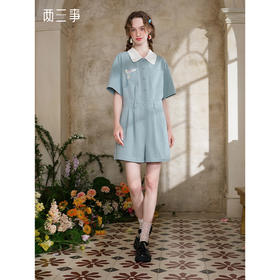 两三事 雾蓝芳痕 2025夏季新款复古绣花拼色翻领连体裤女宽松
