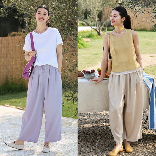 绽放旅行女装226朵/凉凉裤天丝麻松紧腰长裤系带透气舒适休闲裤女 商品图1