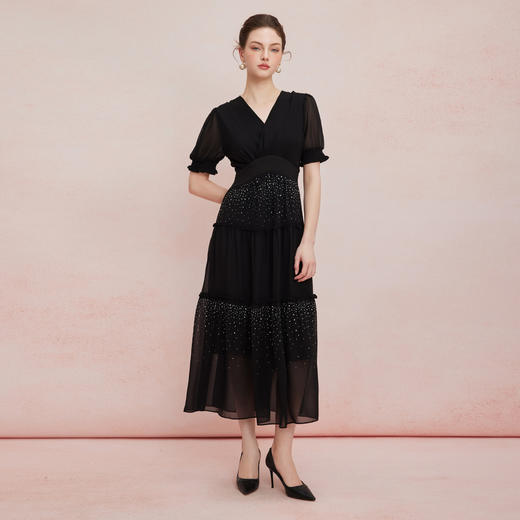 QF891斯尔丽25新款法式浪漫高腰节蛋糕收褶烫钻后腰超细橡筋显瘦连衣裙 商品图8