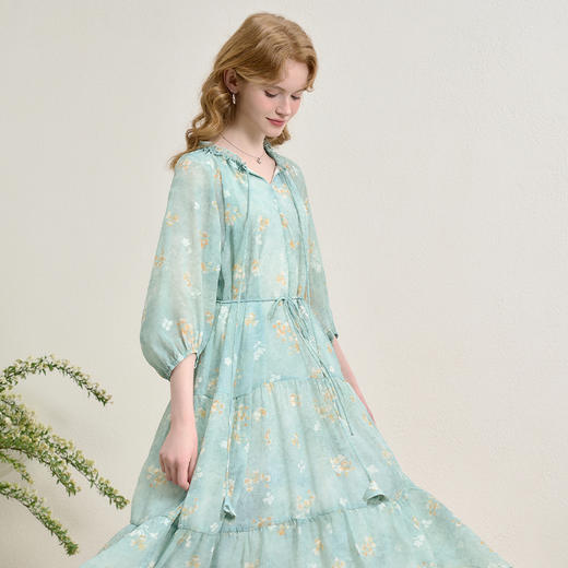 欧若风薄荷曼波度假风七分袖连衣裙女春夏晕染印花长裙V0750287 商品图2