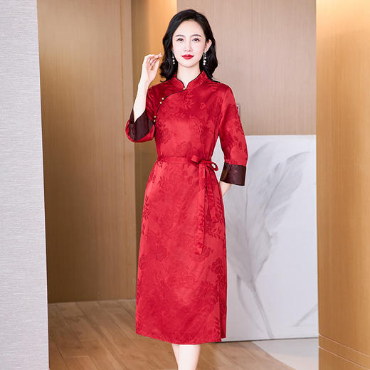 KQ-221957夏款中国风重缎香云纱立领中长款复古旗袍女装改良真丝连衣裙 商品图2