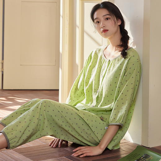 自然醒长歌（带胸垫）睡衣女夏季新款梭织云朵棉薄款夏天七分袖中年妈妈家居服QH 商品图13