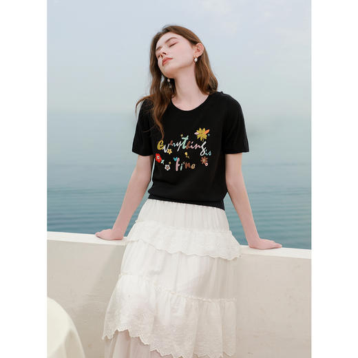 三彩2025夏季新款刺绣针织衫圆领短袖毛衫薄款撞色套头衫简约M 商品图3