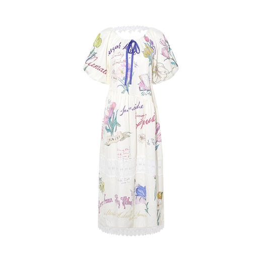 两三事 雾纱香羽 2025夏季新款小清新花苞袖蕾丝拼接印花连衣裙 商品图4