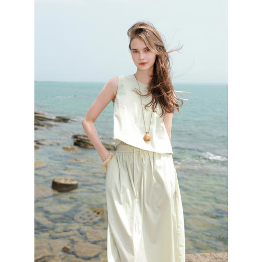 三彩2025夏季新款极简风套装无袖背心上衣松紧腰半身裙两件套M 商品图1