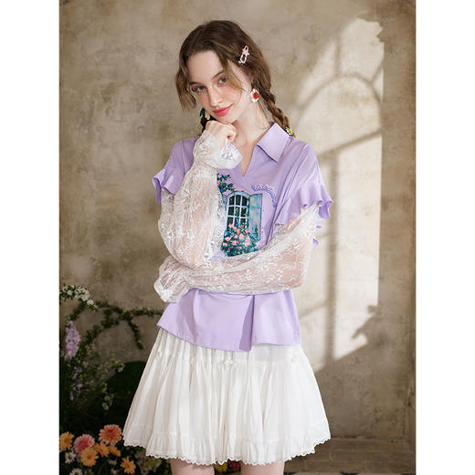 两三事琉璃紫苏2025夏新款小清新蕾丝拼接荷叶边假两件印花t恤女 商品图3