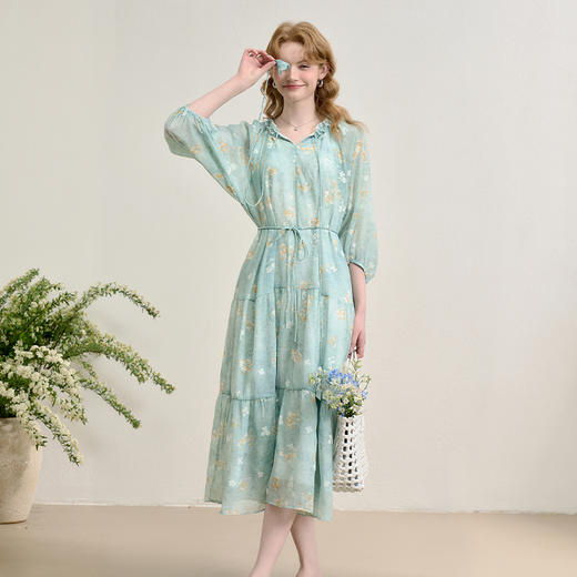 欧若风薄荷曼波度假风七分袖连衣裙女春夏晕染印花长裙V0750287 商品图3